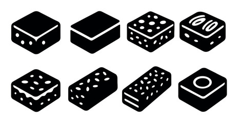 Eight iconic black and white cake icons on white background