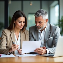 Obraz premium Business Meeting: Professional Colleagues Reviewing Documents, Discussing Strategy, and Planning in Modern Office.