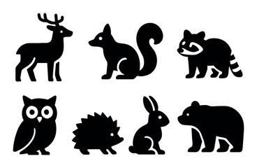 Silhouette icons of woodland animals in black and white style