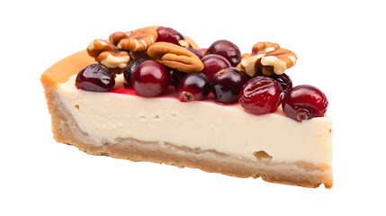 A close up shot of a slice of cheesecake topped with cranberries and walnuts on white backdrop