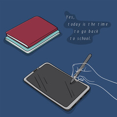 Back to school. vector illustration of tablet and books in cartoon design with writing hand