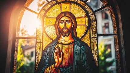 Obraz premium Christian iconography engraved on stained glass, glowing in sunlight