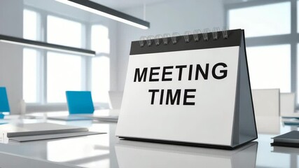A tabletop sign reading "MEETING TIME" is displayed prominently in a modern, bright office conference room.