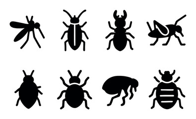 Silhouette icons of various insects including ant and beetle