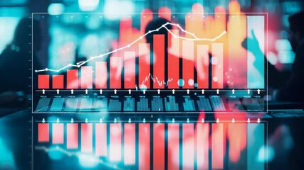 Silhouettes of people having a business discussion sit behind glowing financial graphs and digital stock charts. - Powered by Adobe