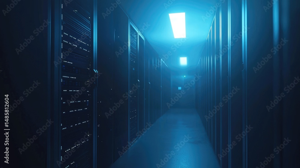 Poster dark server room hallway with subtle blue lighting and minimal illumination, ideal for cybersecurity