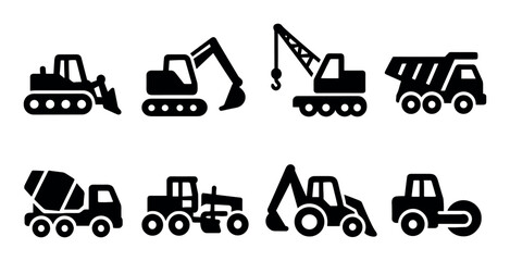 Silhouettes of eight industrial construction vehicles in black icons