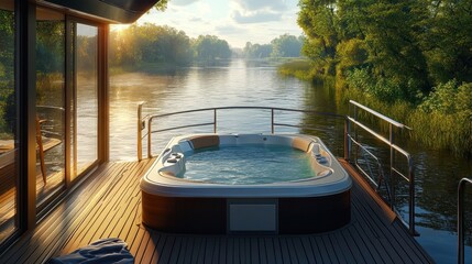 luxury houseboat hot tub river sunset