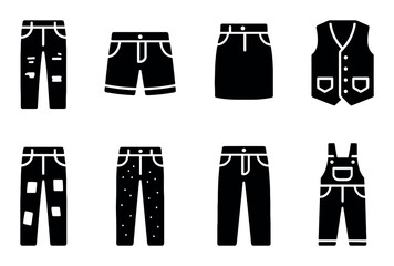 Naklejka premium Variety of stylish pants, skirts, and vests in silhouette icons