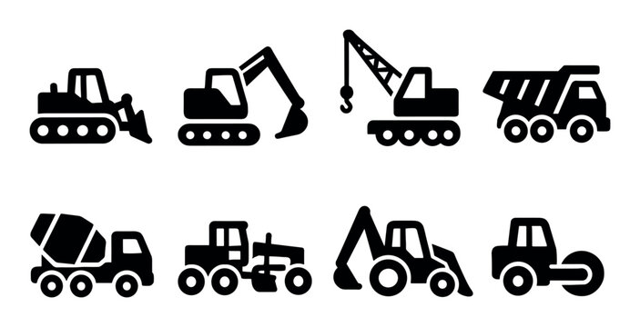 Silhouettes of eight industrial construction vehicles in black icons