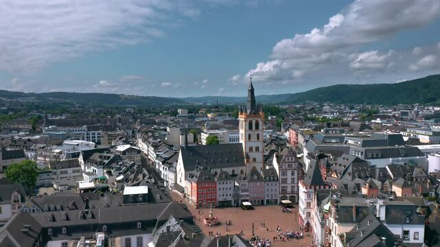 Summer skyline cityscape of Trier, Rhineland-Palatinate, Moselle, Germany. Wide panoramic aerial view of Hauptmarkt (central market square) and city landmarks