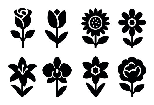 Silhouette icons of eight different flower types in bold designs