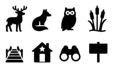 Fototapeta premium Silhouette icons: deer, fox, owl, bridge, house, binoculars, sign