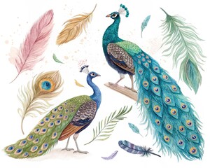 Obraz premium watercolor peacocks birds and feathers set hand drown illustration