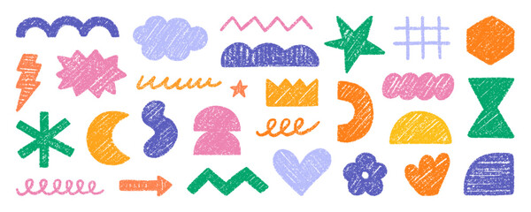 Abstract geometric shapes and forms, chalk pencil doodle set. Crayon modern figures, brush crown, stars, arrow in sketch style. Hand drawn vector illustration isolated on white background