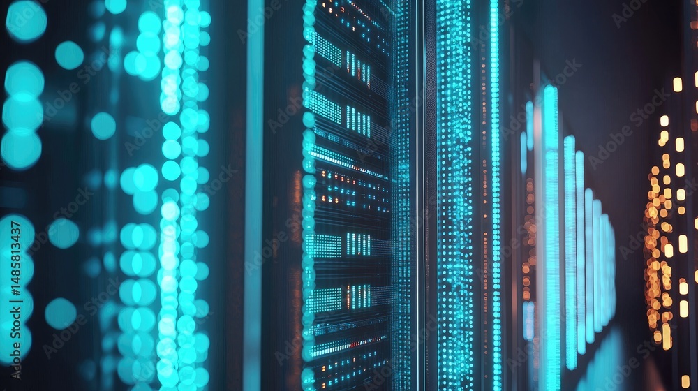 Poster Bright data servers with vivid cyan and amber lights create a futuristic bokeh effect, ideal for visualizing AI networks, tech infrastructure, and digital communication systems