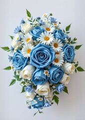 A vibrant bouquet featuring blue roses, white roses, daisies, and green leaves on a white background. 