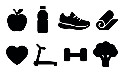 Healthy lifestyle icons: fitness, nutrition, exercise, wellness