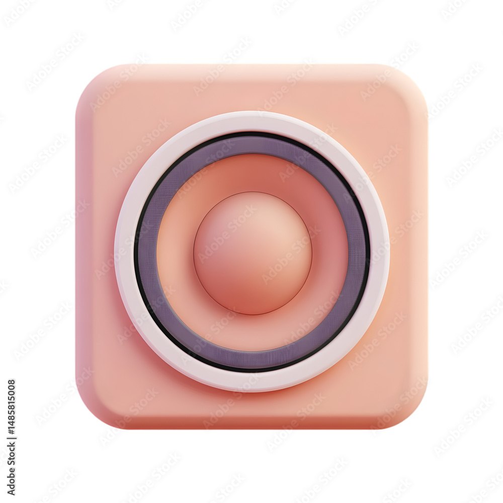 Poster stylized, 3d rendering of a square speaker icon in peachy-coral color, featuring a prominent speaker