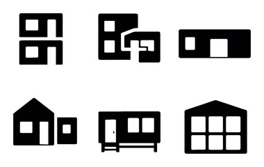 Collection of six minimalist building icons in black silhouette