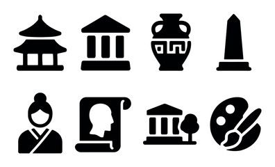 Silhouette icons: asian architecture, artifacts, and museum symbols