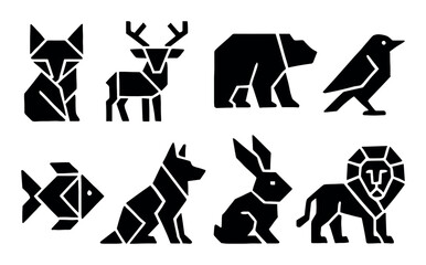 Fototapeta premium Geometric animal silhouettes: fox, deer, bear, bird, fish, dog, hare, lion