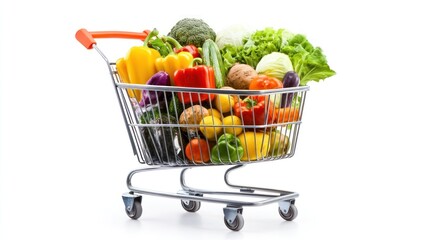 A shopping cart overflowing with fresh produce, including peppers, lettuce, broccoli, and lemons