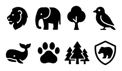 Animal silhouettes: lion, elephant, tree, bird, whale, bear