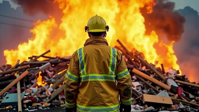 Firefighter observes massive blaze during training exercise in urban area at dusk
