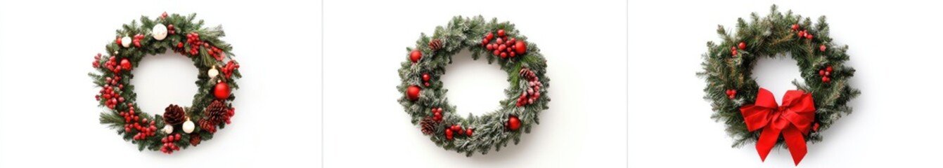 Three Christmas wreaths with greenery, red berries, and ornaments