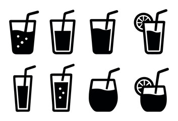 Eight glasses with straws and citrus slices icon set black