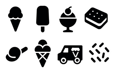 Ice cream icon set: cone, popsicle, sundae, sandwich, truck