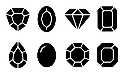 Set of eight different gemstone shapes in black and white