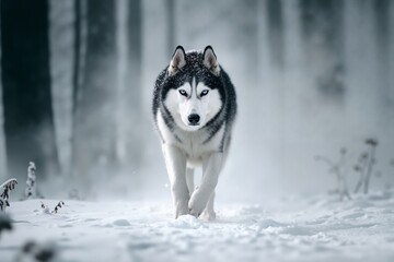A husky dog running through the snow in the woods