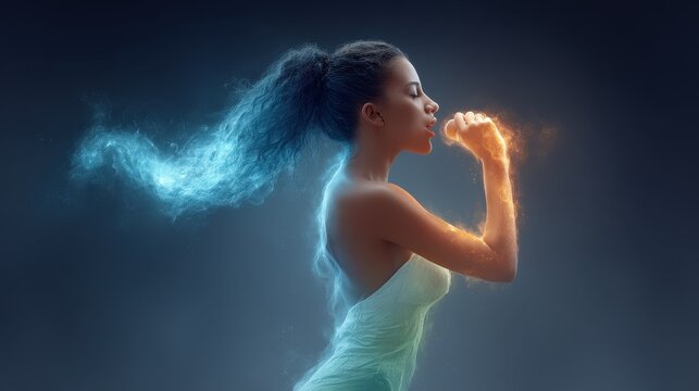 A serene woman breathes out softly, surrounded by ethereal light, symbolizing tranquility and inner peace. The soft glow signifies harmony and the power of mindfulness.