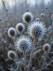Obraz premium Flower umbels of the teasel covered with white hoarfrost in winter
