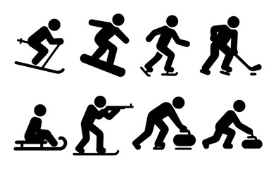 Winter sports icons: skiing, snowboarding, skating, curling, more