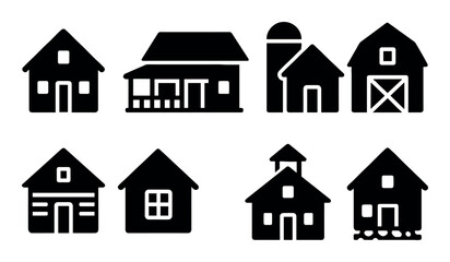 Collection of simple black house and barn silhouettes