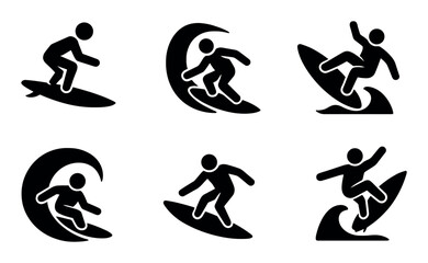 Obraz premium Silhouette icons of surfers riding waves in various poses