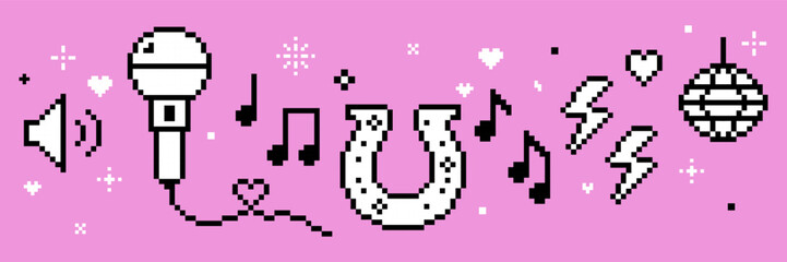 Y2k inspired cowgirls disco party design. Retro party karaoke isolated vector illustration in pixel art. Mic, music note, festival. Mood of 90's banner. Funny game abstract elements on pink background