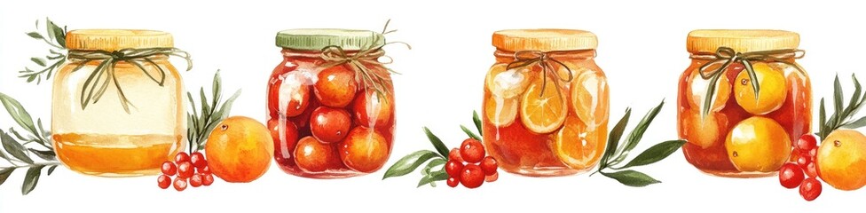 Watercolor jars of preserved fruit