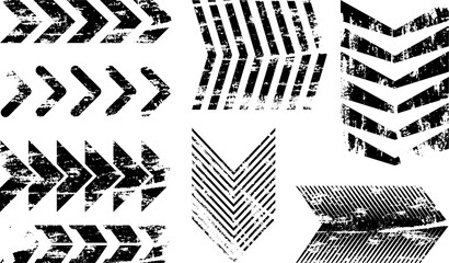 Grunge arrow vector set with distressed chevron shapes and textured directional symbols for urban design, warning signs, or abstract backgrounds

