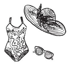 Female outfit for going to the pool or seashore swimming suit, straw hat and sunglasses in black brush stroke texture isolated on white. Hand drawn vector sketch illustration in vintage charcoal ink