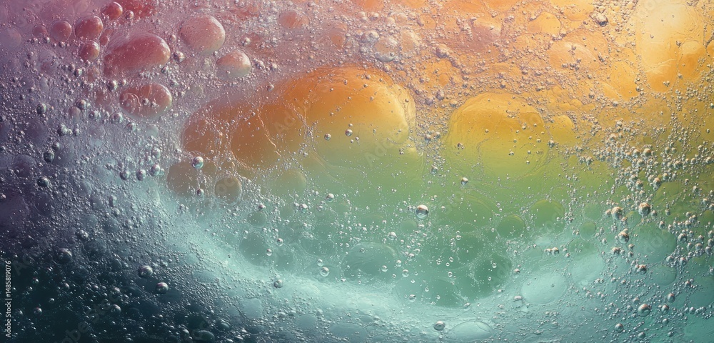 Poster close-up of colorful bubbles and oil droplets floating in a liquid medium with a gradient background