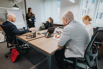 A professional team engaging in thoughtful discussion and problem-solving within a modern office environment