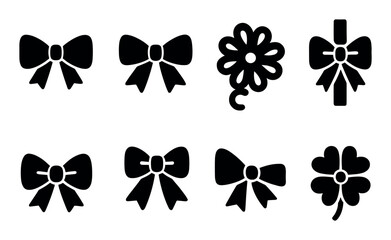 Set of eight black silhouette bow designs on white background