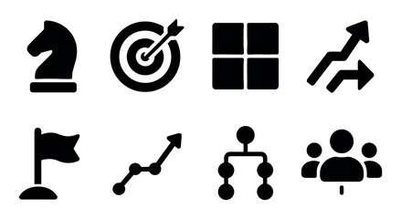 Strategy and progress icons: chess, targets, graphs, and teams