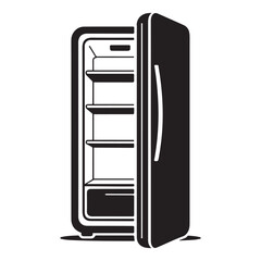 Open refrigerator with shelves Vector black silhouette. with white background
