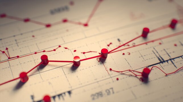 Detailed Analysis of Financial Graph with Red Data Points and Trend Lines on Paper Background for Business Insights