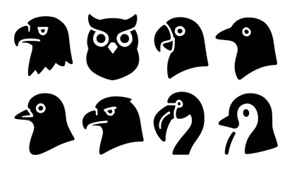 Silhouette collection of various bird heads on white background